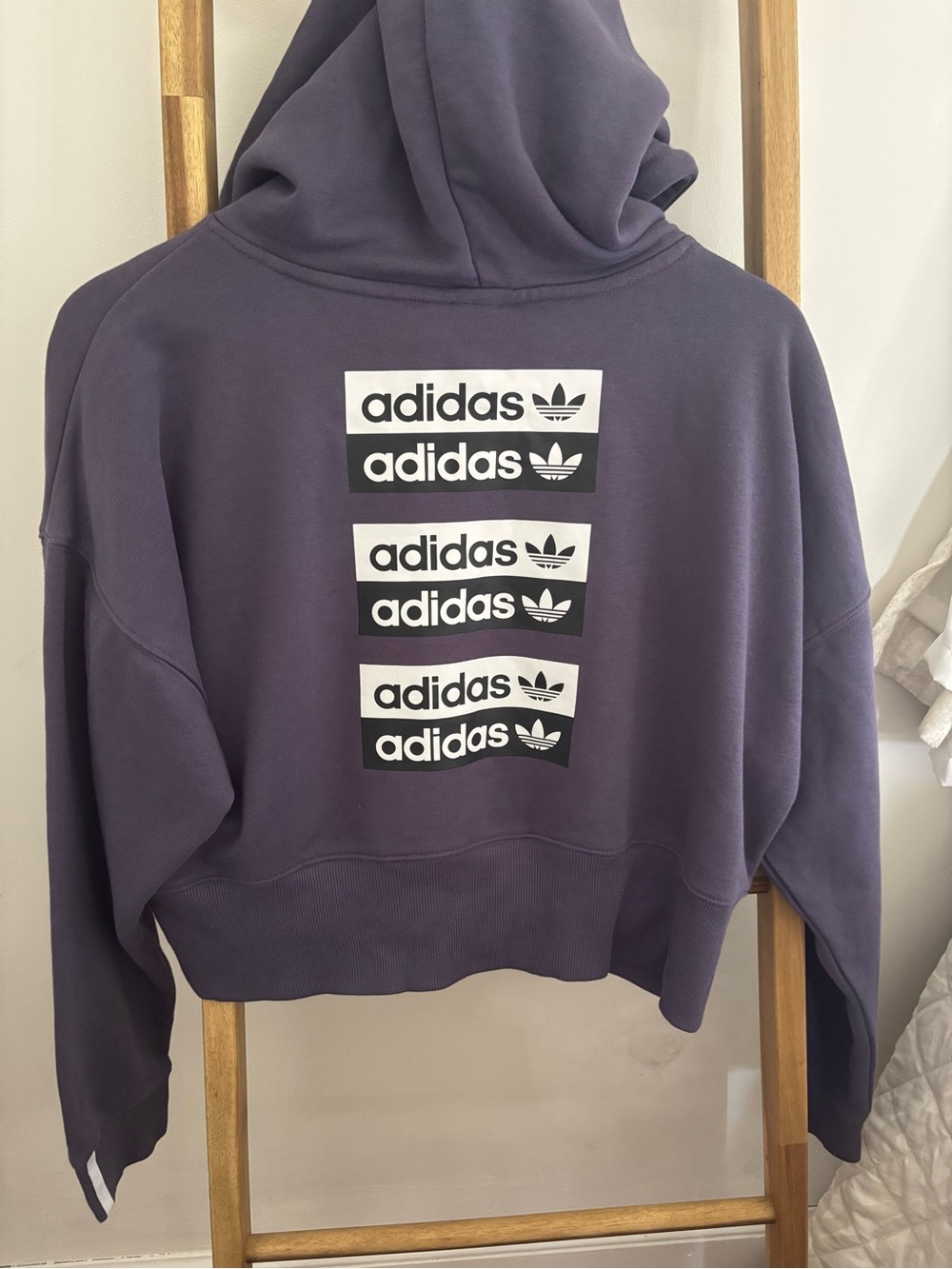 adidas Purple Cropped Hoodie with Stacked Trefoil Logos